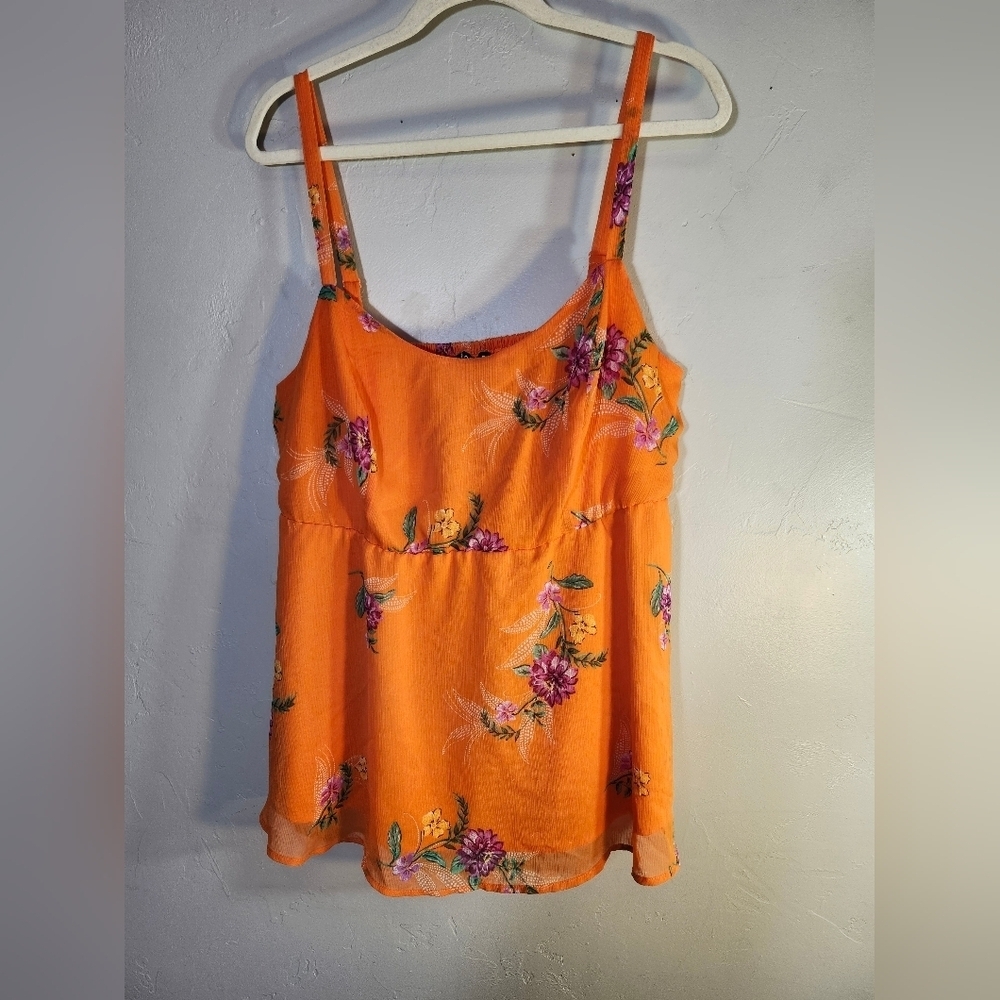 Torrid Adjustable Strap Lined Babydoll Orange‎ Floral Chiffon Cami Sz 1